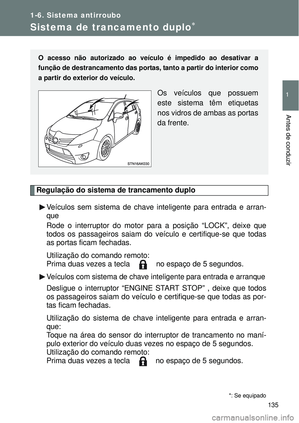 TOYOTA VERSO 2016  Manual de utilização (in Portuguese) 135
1
1-6. Sistema antirroubo
Antes de conduzir
Sistema de trancamento duplo
Regulação do sistema de trancamento duplo
Veículos sem sistema de chave inteligente para entrada e arran-
que
Rode o 