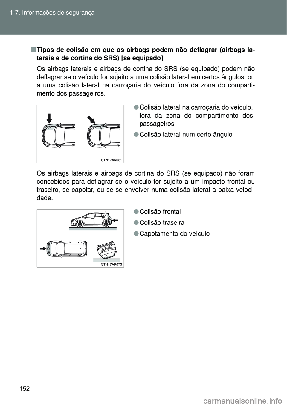 TOYOTA VERSO 2016  Manual de utilização (in Portuguese) 152 1-7. Informações de segurança
nTipos de colisão em que os airbags podem não deflagrar (airbags la-
terais e de cortina do SRS) [se equipado]
Os airbags laterais e airbags de cortina do SRS (s