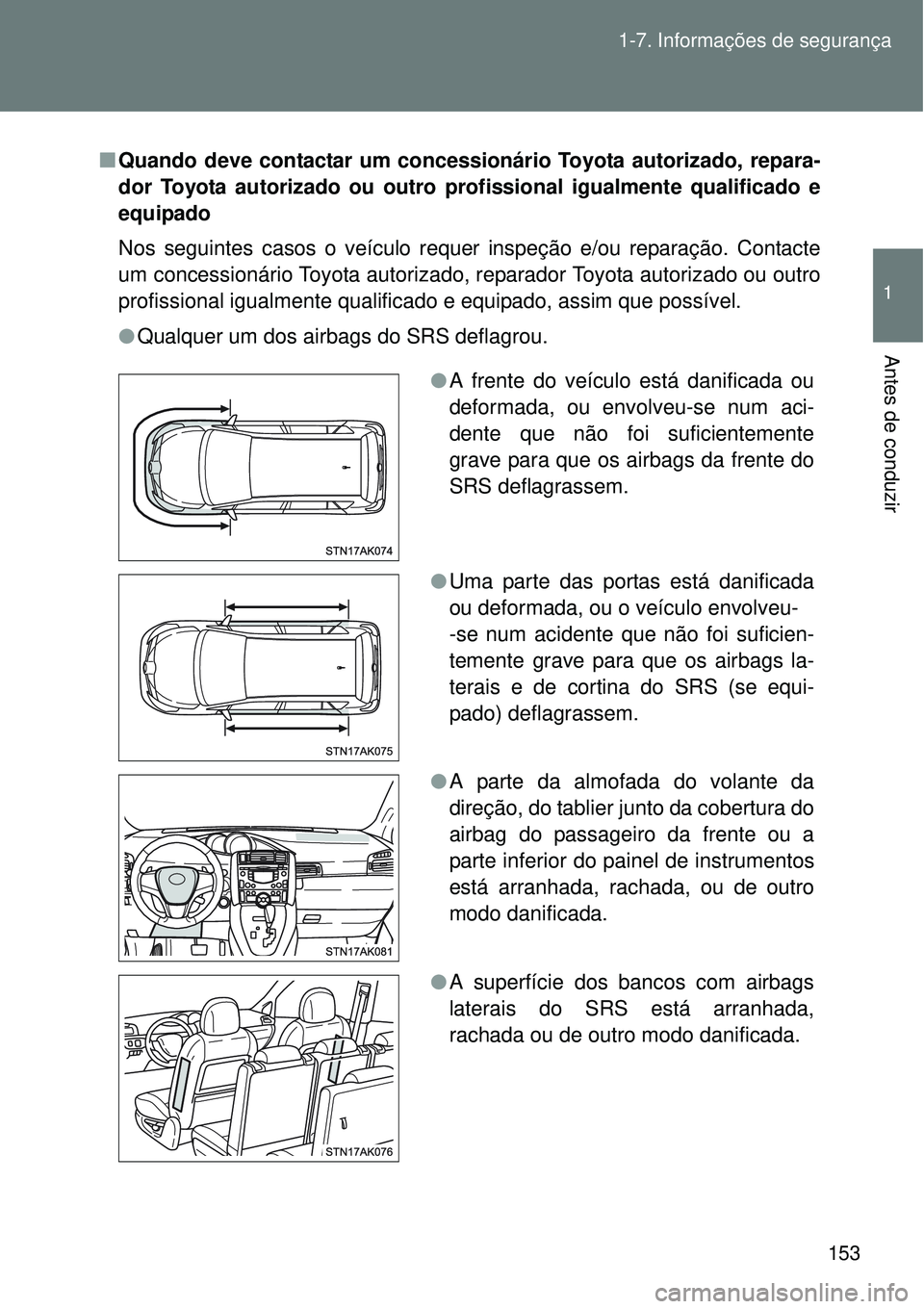 TOYOTA VERSO 2016  Manual de utilização (in Portuguese) 153 1-7. Informações de segurança
1
Antes de conduzir
nQuando deve contactar um concessionário Toyota autorizado, repara-
dor Toyota autorizado ou outro profissional igualmente qualificado e
equip