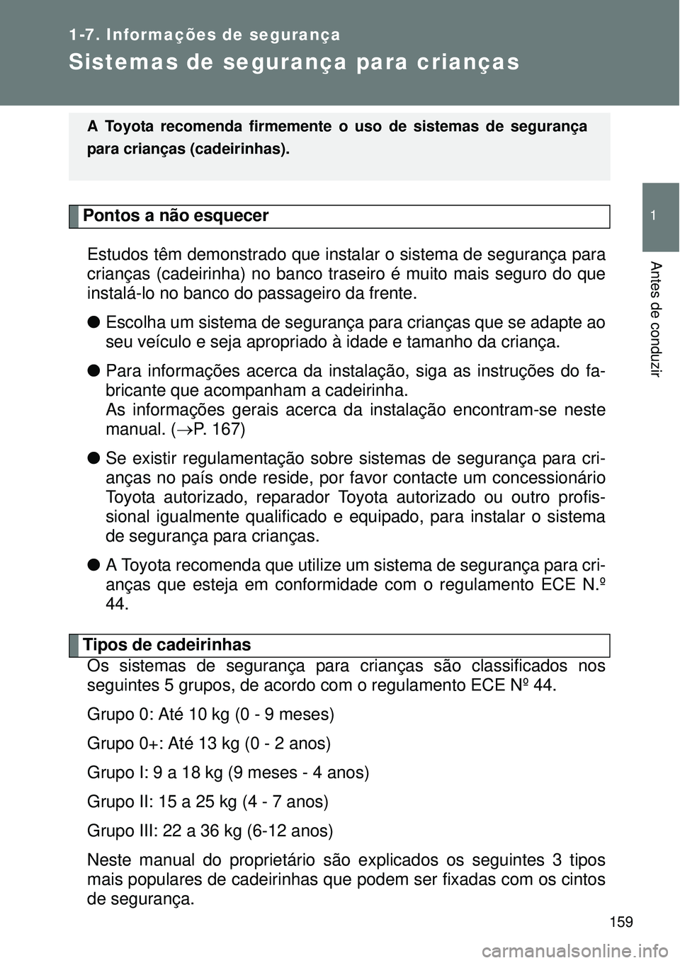 TOYOTA VERSO 2016  Manual de utilização (in Portuguese) 159
1
1-7. Informações de segurança
Antes de conduzir
Sistemas de segurança para crianças
Pontos a não esquecer
Estudos têm demonstrado que instalar o sistema de segurança para
crianças (cade