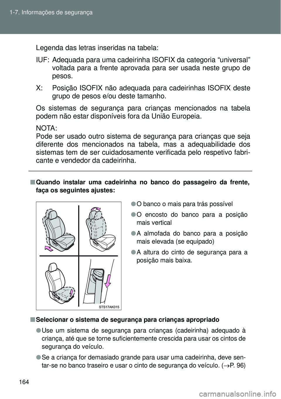 TOYOTA VERSO 2016  Manual de utilização (in Portuguese) 164 1-7. Informações de segurança
Legenda das letras inseridas na tabela:
IUF: Adequada para uma cadeirinha ISOFIX da categoria “universal”
voltada para a frente aprovada para ser usada neste g