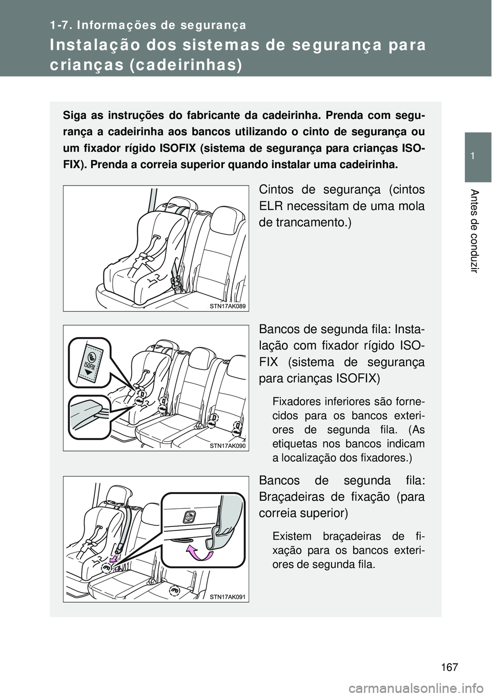 TOYOTA VERSO 2016  Manual de utilização (in Portuguese) 167
1
1-7. Informações de segurança
Antes de conduzir
Instalação dos sistemas de segurança para 
crianças (cadeirinhas)
Siga as instruções do fabricante da cadeirinha. Prenda com segu-
rança