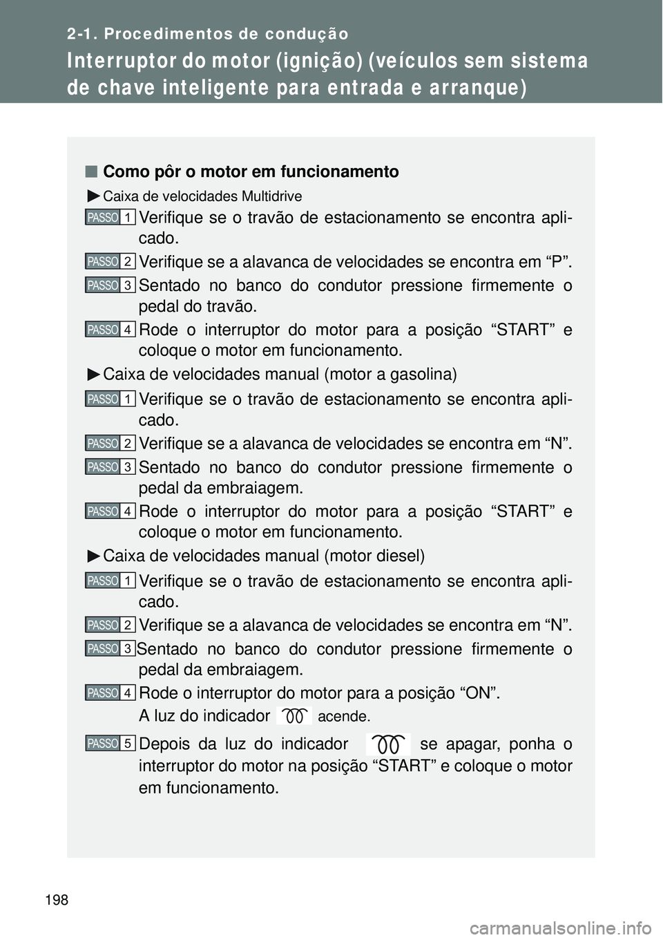 TOYOTA VERSO 2016  Manual de utilização (in Portuguese) 198
2-1. Procedimentos de condução
Interruptor do motor (ignição) (veículos sem sistema 
de chave inteligente para entrada e arranque)
nComo pôr o motor em funcionamento 
Caixa de velocidades Mu