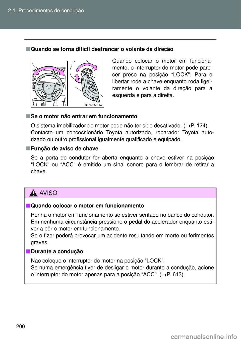TOYOTA VERSO 2016  Manual de utilização (in Portuguese) 200 2-1. Procedimentos de condução
nQuando se torna difícil destrancar o volante da direção
nSe o motor não entrar em funcionamento
O sistema imobilizador do motor pode não ter sido desativado.