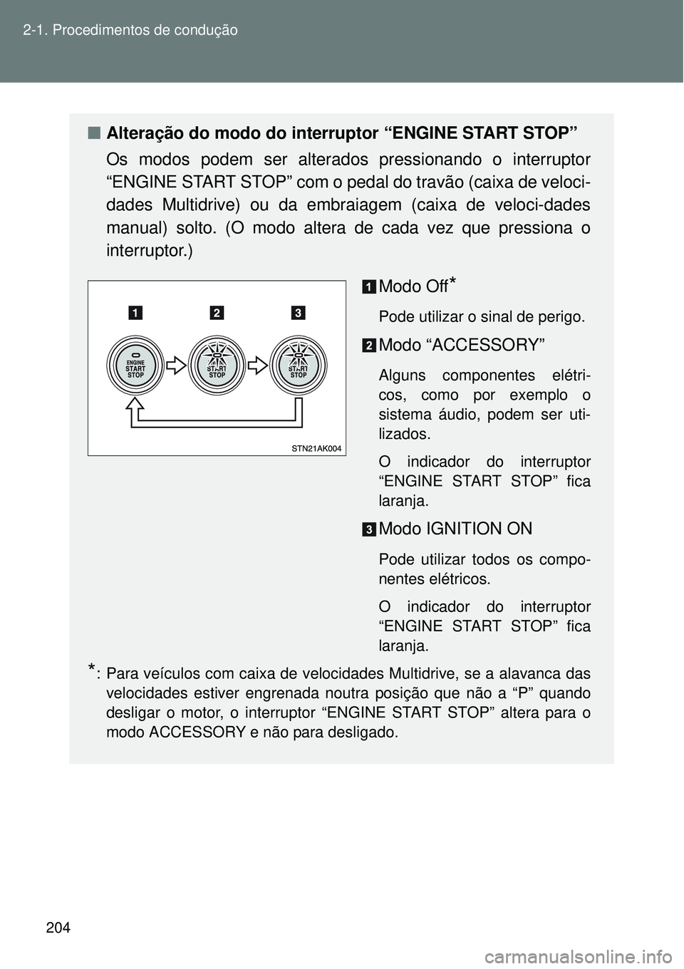 TOYOTA VERSO 2016  Manual de utilização (in Portuguese) 204 2-1. Procedimentos de condução
nAlteração do modo do interruptor “ENGINE START STOP”
Os modos podem ser alterados pressionando o interruptor
“ENGINE START STOP” com o pedal do travão 
