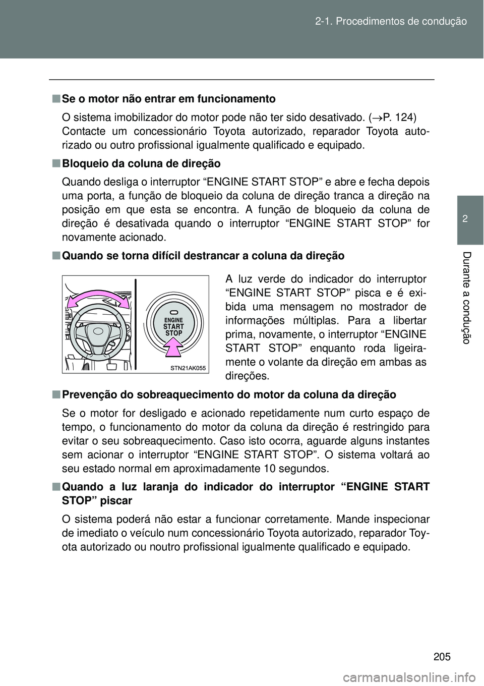 TOYOTA VERSO 2016  Manual de utilização (in Portuguese) 205 2-1. Procedimentos de condução
2
Durante a condução
nSe o motor não entrar em funcionamento
O sistema imobilizador do motor pode não ter sido desativado. (P. 124) 
Contacte um concession