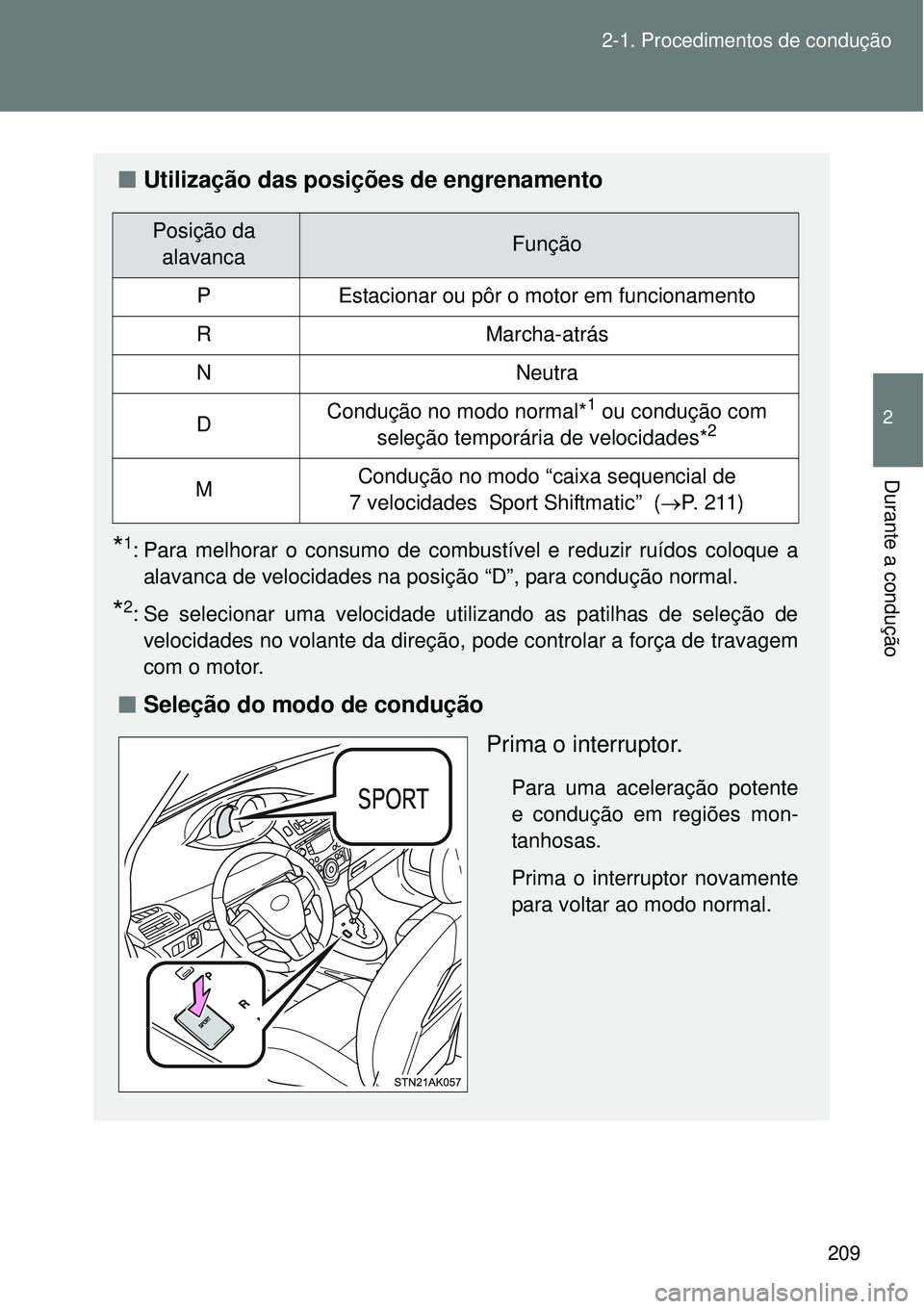 TOYOTA VERSO 2016  Manual de utilização (in Portuguese) 209 2-1. Procedimentos de condução
2
Durante a condução
nUtilização das posições de engrenamento
*1: Para melhorar o consumo de combustível e reduzir ruídos coloque a
alavanca de velocidades
