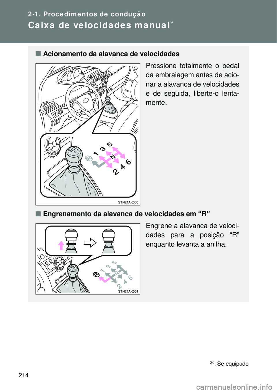 TOYOTA VERSO 2016  Manual de utilização (in Portuguese) 214
2-1. Procedimentos de condução
Caixa de velocidades manual
: Se equipado
nAcionamento da alavanca de velocidades 
Pressione totalmente o pedal
da embraiagem antes de acio-
nar a alavanca d