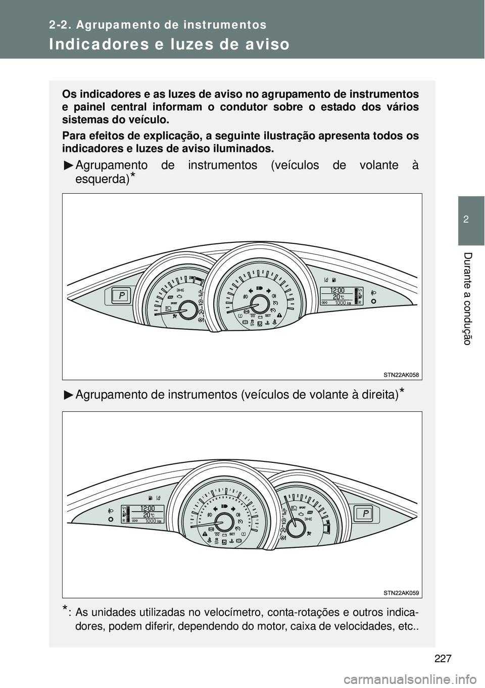TOYOTA VERSO 2016  Manual de utilização (in Portuguese) 227
2-2. Agrupamento de instrumentos
2
Durante a condução
Indicadores e luzes de aviso
Os indicadores e as luzes de aviso no agrupamento de instrumentos
e painel central informam o condutor sobre o 