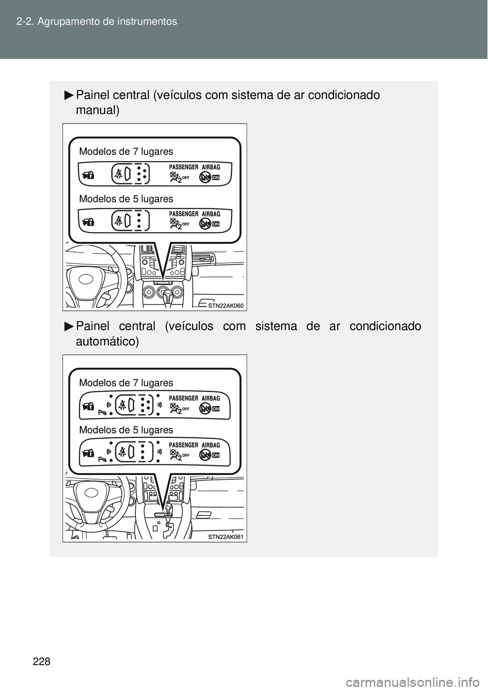 TOYOTA VERSO 2016  Manual de utilização (in Portuguese) 228 2-2. Agrupamento de instrumentos
Painel central (veículos com sistema de ar condicionado 
manual)
Painel central (veículos com sistema de ar condicionado
automático)
Modelos de 7 lugares
Modelo