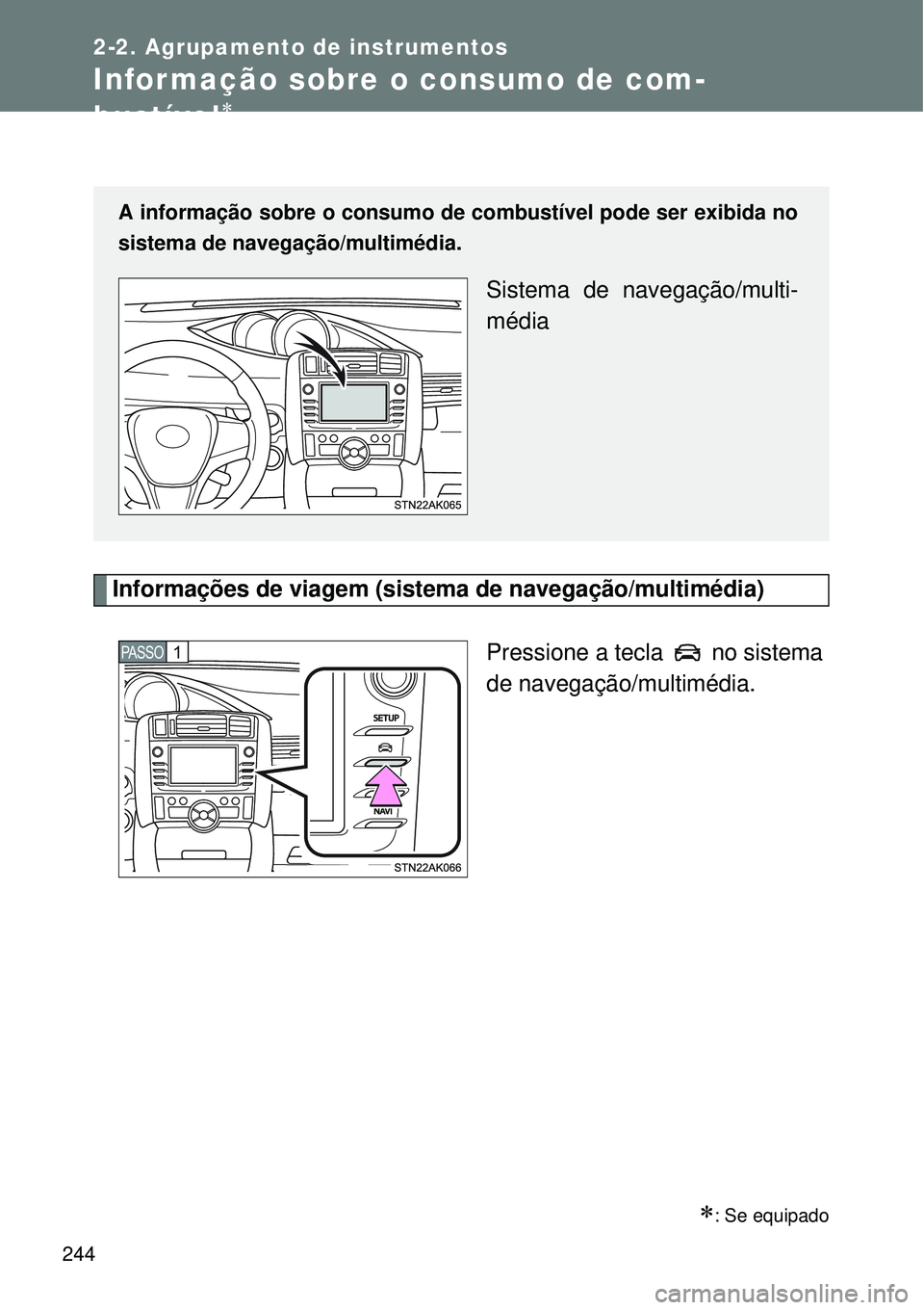TOYOTA VERSO 2016  Manual de utilização (in Portuguese) 244
2-2. Agrupamento de instrumentos
Infor mação sobre o consumo de com-
bustível

Informações de viagem (sistema de navegação/multimédia)
Pressione a tecla   no sistema
de navegação/mult