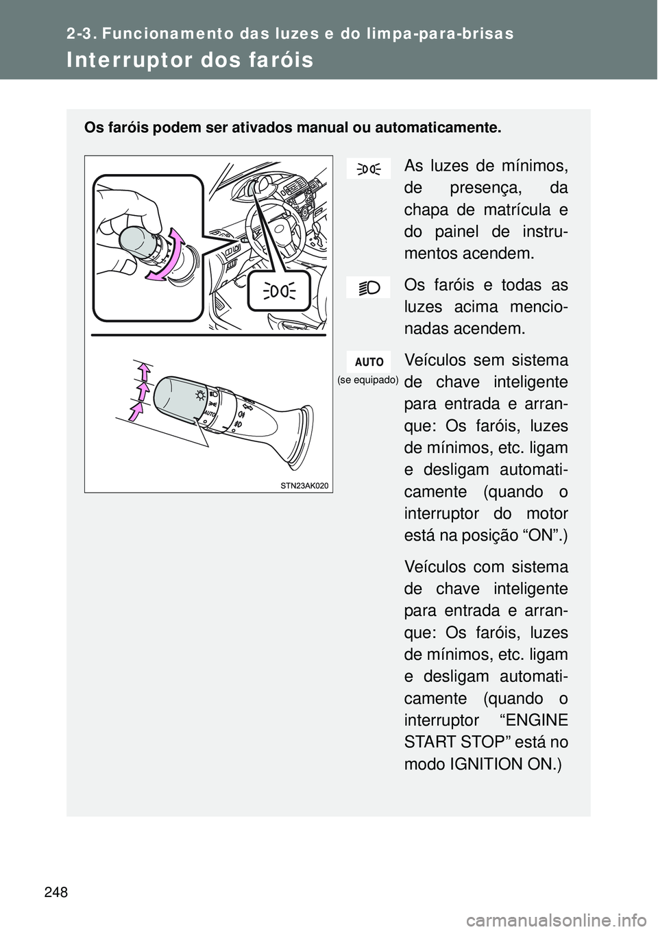 TOYOTA VERSO 2016  Manual de utilização (in Portuguese) 248
2-3. Funcionamento das luzes e do limpa-para-brisas
Interruptor dos faróis
Os faróis podem ser ativados manual ou automaticamente.
As luzes de mínimos,
de presença, da
chapa de matrícula e
do