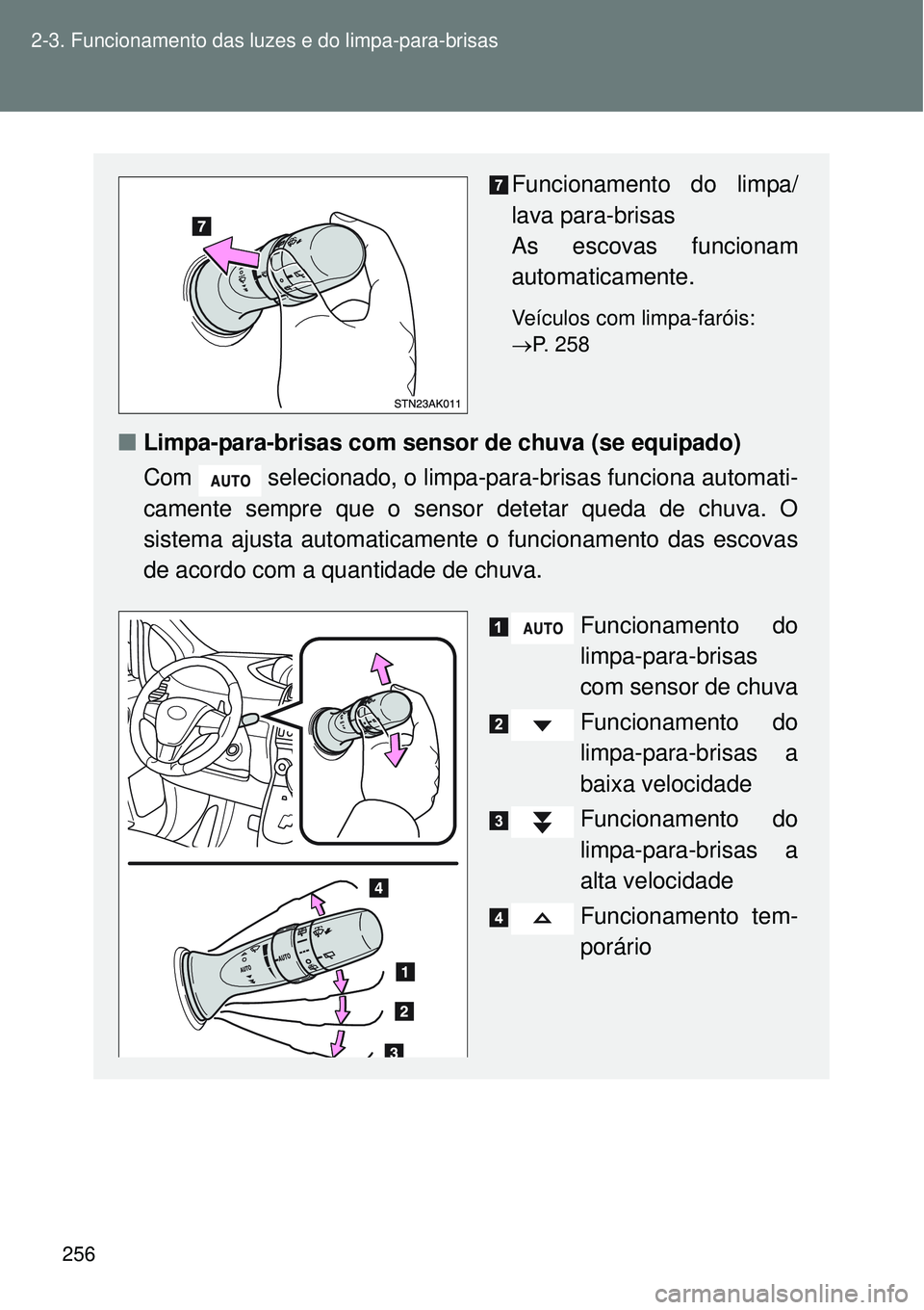 TOYOTA VERSO 2016 Manual de utilização (in Portuguese) 256 2-3. Funcionamento das luzes e do limpa-para-brisas
Funcionamento do limpa/
lava para-brisas
As escovas funcionam
automaticamente.
Veículos com limpa-faróis:
P. 258
nLimpa-para-brisas com sen TOYOTA VERSO 2016 Manual de utilização (in Portuguese) 256 2-3. Funcionamento das luzes e do limpa-para-brisas
Funcionamento do limpa/
lava para-brisas
As escovas funcionam
automaticamente.
Veículos com limpa-faróis:
P. 258
nLimpa-para-brisas com sen