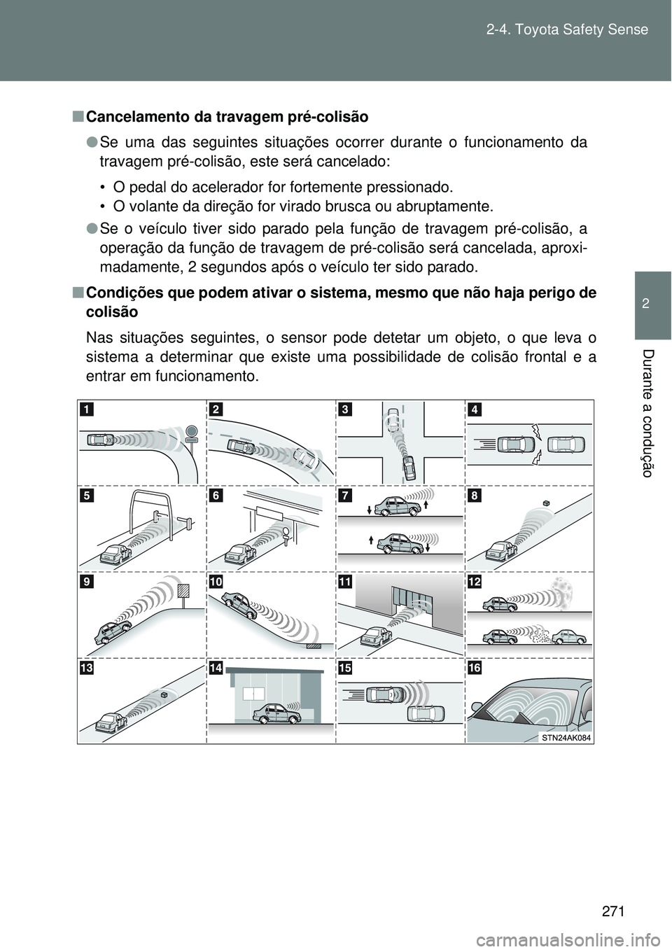 TOYOTA VERSO 2016  Manual de utilização (in Portuguese) 271 2-4. Toyota Safety Sense
2
Durante a condução
nCancelamento da travagem pré-colisão
lSe uma das seguintes situações ocorrer durante o funcionamento da
travagem pré-colisão, este será canc