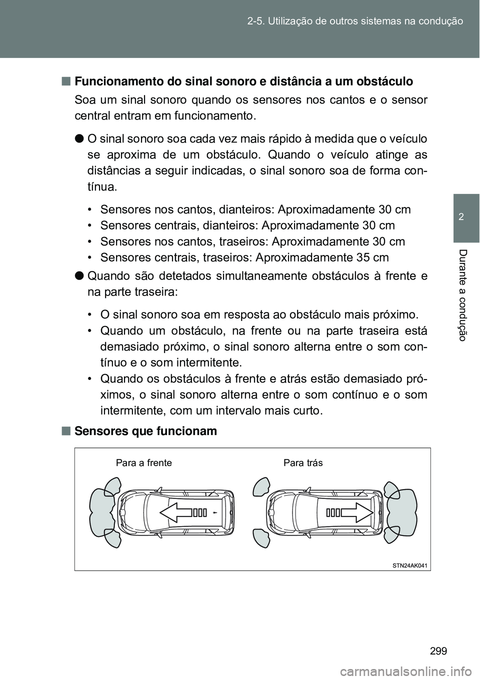 TOYOTA VERSO 2016  Manual de utilização (in Portuguese) 299 2-5. Utilização de outros sistemas na condução
2
Durante a condução
nFuncionamento do sinal sonoro e distância a um obstáculo
Soa um sinal sonoro quando os sensores nos cantos e o sensor
c