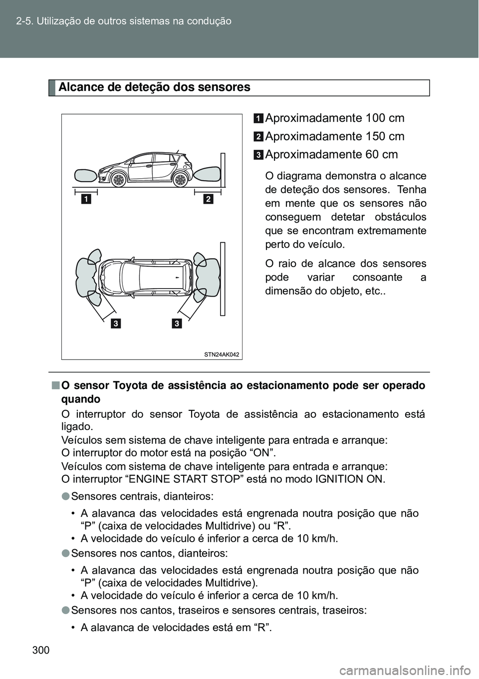 TOYOTA VERSO 2016  Manual de utilização (in Portuguese) 300 2-5. Utilização de outros sistemas na condução
Alcance de deteção dos sensores
Aproximadamente 100 cm
Aproximadamente 150 cm
Aproximadamente 60 cm
O diagrama demonstra o alcance
de deteção