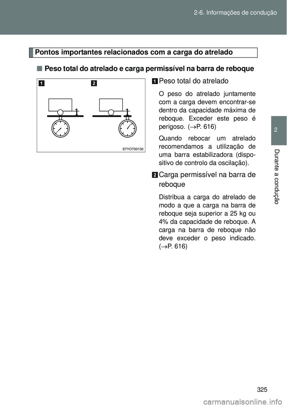 TOYOTA VERSO 2016 Manual de utilização (in Portuguese) 325 2-6. Informações de condução
2
Durante a condução
Pontos importantes relacionados com a carga do atrelado
n
Peso total do atrelado e carga permissível na barra de reboque
Peso total do atr TOYOTA VERSO 2016 Manual de utilização (in Portuguese) 325 2-6. Informações de condução
2
Durante a condução
Pontos importantes relacionados com a carga do atrelado
n
Peso total do atrelado e carga permissível na barra de reboque
Peso total do atr