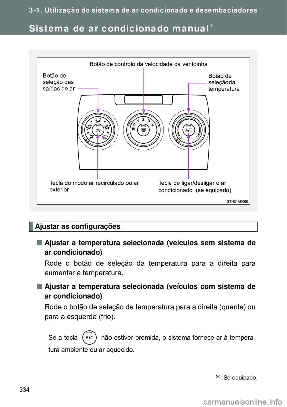 TOYOTA VERSO 2016 Manual de utilização (in Portuguese) 334
3-1.Utilização do sistema de ar condicionado e desembaciadores
Sistema de ar condicionado manual
Ajustar as configurações
nAjustar a temperatura selecionada (veículos sem sistema de
ar con TOYOTA VERSO 2016 Manual de utilização (in Portuguese) 334
3-1.Utilização do sistema de ar condicionado e desembaciadores
Sistema de ar condicionado manual
Ajustar as configurações
nAjustar a temperatura selecionada (veículos sem sistema de
ar con