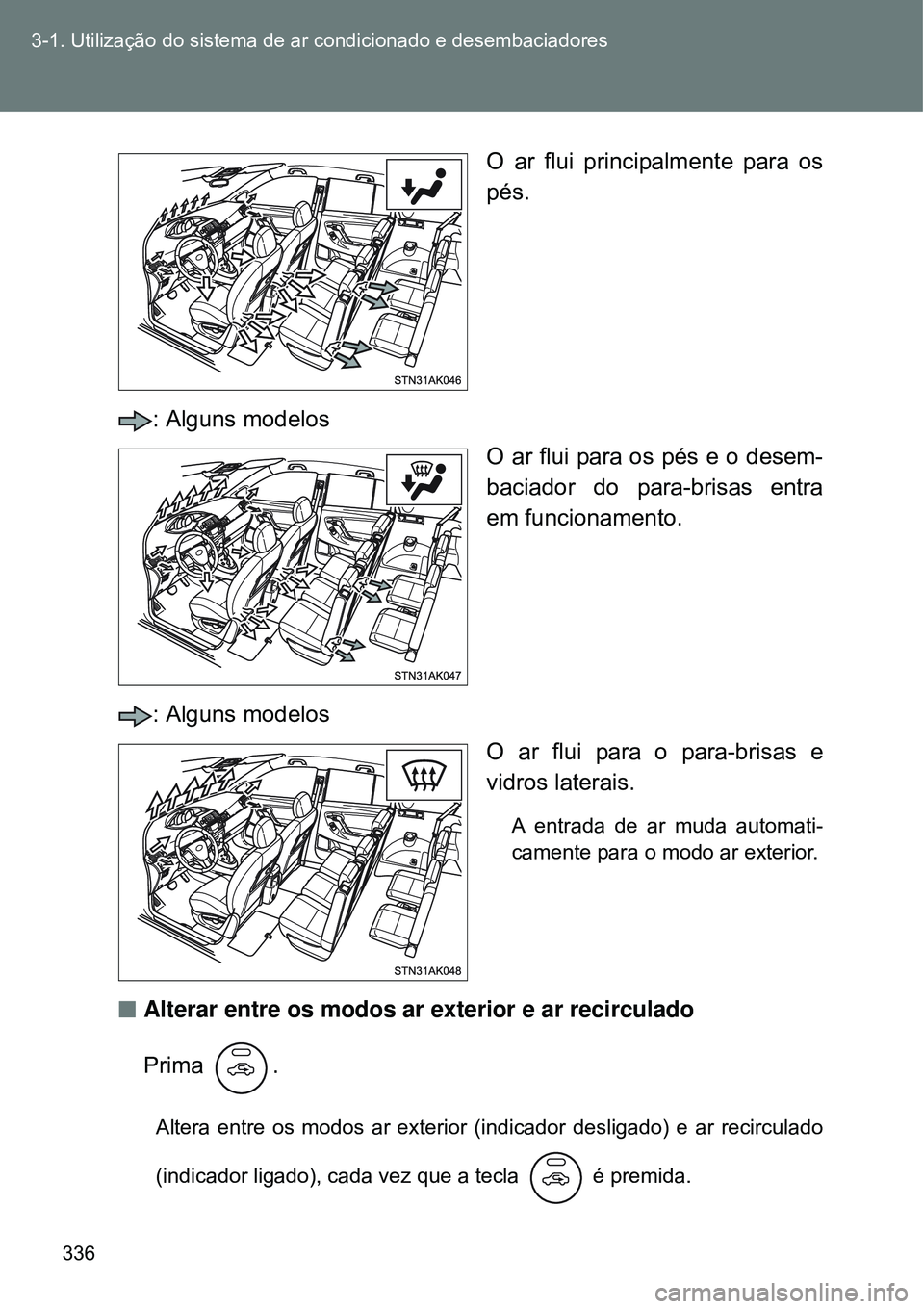 TOYOTA VERSO 2016 Manual de utilização (in Portuguese) 336 3-1. Utilização do sistema de ar condicionado e desembaciadores
O ar flui principalmente para os
pés.
: Alguns modelos
O ar flui para os pés e o desem-
baciador do para-brisas entra
em funcio TOYOTA VERSO 2016 Manual de utilização (in Portuguese) 336 3-1. Utilização do sistema de ar condicionado e desembaciadores
O ar flui principalmente para os
pés.
: Alguns modelos
O ar flui para os pés e o desem-
baciador do para-brisas entra
em funcio