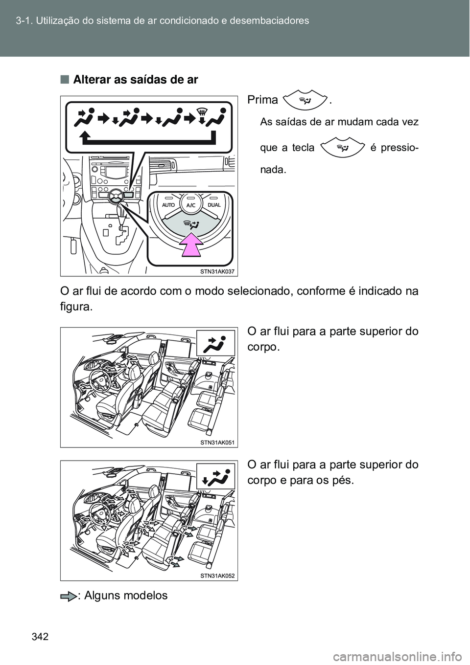 TOYOTA VERSO 2016 Manual de utilização (in Portuguese) 342 3-1. Utilização do sistema de ar condicionado e desembaciadores
nAlterar as saídas de ar
Prima .
As saídas de ar mudam cada vez
que a tecla é pressio-
nada.
O ar flui de acordo com o modo TOYOTA VERSO 2016 Manual de utilização (in Portuguese) 342 3-1. Utilização do sistema de ar condicionado e desembaciadores
nAlterar as saídas de ar
Prima .
As saídas de ar mudam cada vez
que a tecla é pressio-
nada.
O ar flui de acordo com o modo