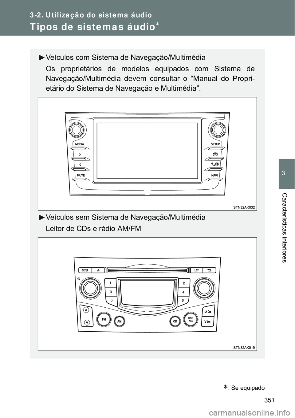 TOYOTA VERSO 2016 Manual de utilização (in Portuguese) 351
3
Características interiores
3-2. Utilização do sistema áudio
Tipos de sistemas áudio
: Se equipado
Veículos com Sistema de Navegação/Multimédia
Os proprietários de modelos equipad TOYOTA VERSO 2016 Manual de utilização (in Portuguese) 351
3
Características interiores
3-2. Utilização do sistema áudio
Tipos de sistemas áudio
: Se equipado
Veículos com Sistema de Navegação/Multimédia
Os proprietários de modelos equipad