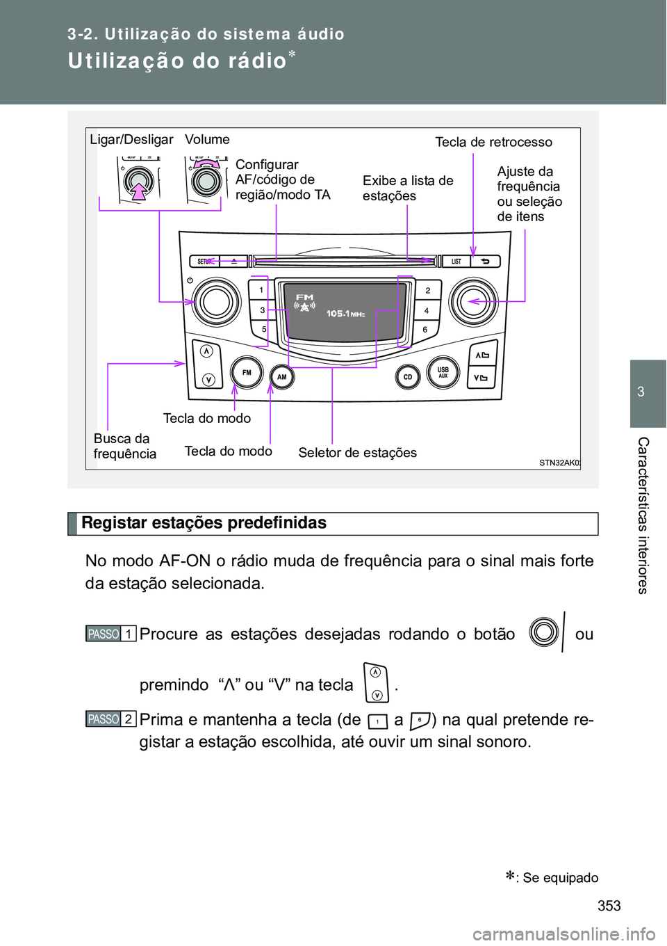 TOYOTA VERSO 2016 Manual de utilização (in Portuguese) 353
3-2. Utilização do sistema áudio
3
Características interiores
Utilização do rádio
Registar estações predefinidas
No modo AF-ON o rádio muda de frequência para o sinal mais forte
da e TOYOTA VERSO 2016 Manual de utilização (in Portuguese) 353
3-2. Utilização do sistema áudio
3
Características interiores
Utilização do rádio
Registar estações predefinidas
No modo AF-ON o rádio muda de frequência para o sinal mais forte
da e