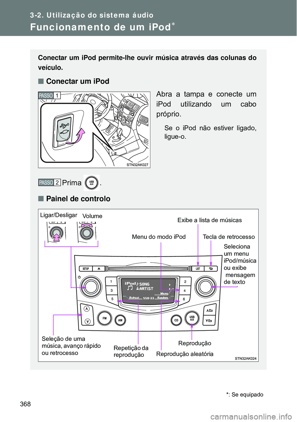TOYOTA VERSO 2016  Manual de utilização (in Portuguese) 368
3-2. Utilização do sistema áudio
Funcionamento de um iPod
Conectar um iPod permite-lhe ouvir música através das colunas do
veículo.
nConectar um iPod
Abra a tampa e conecte um
iPod utiliz