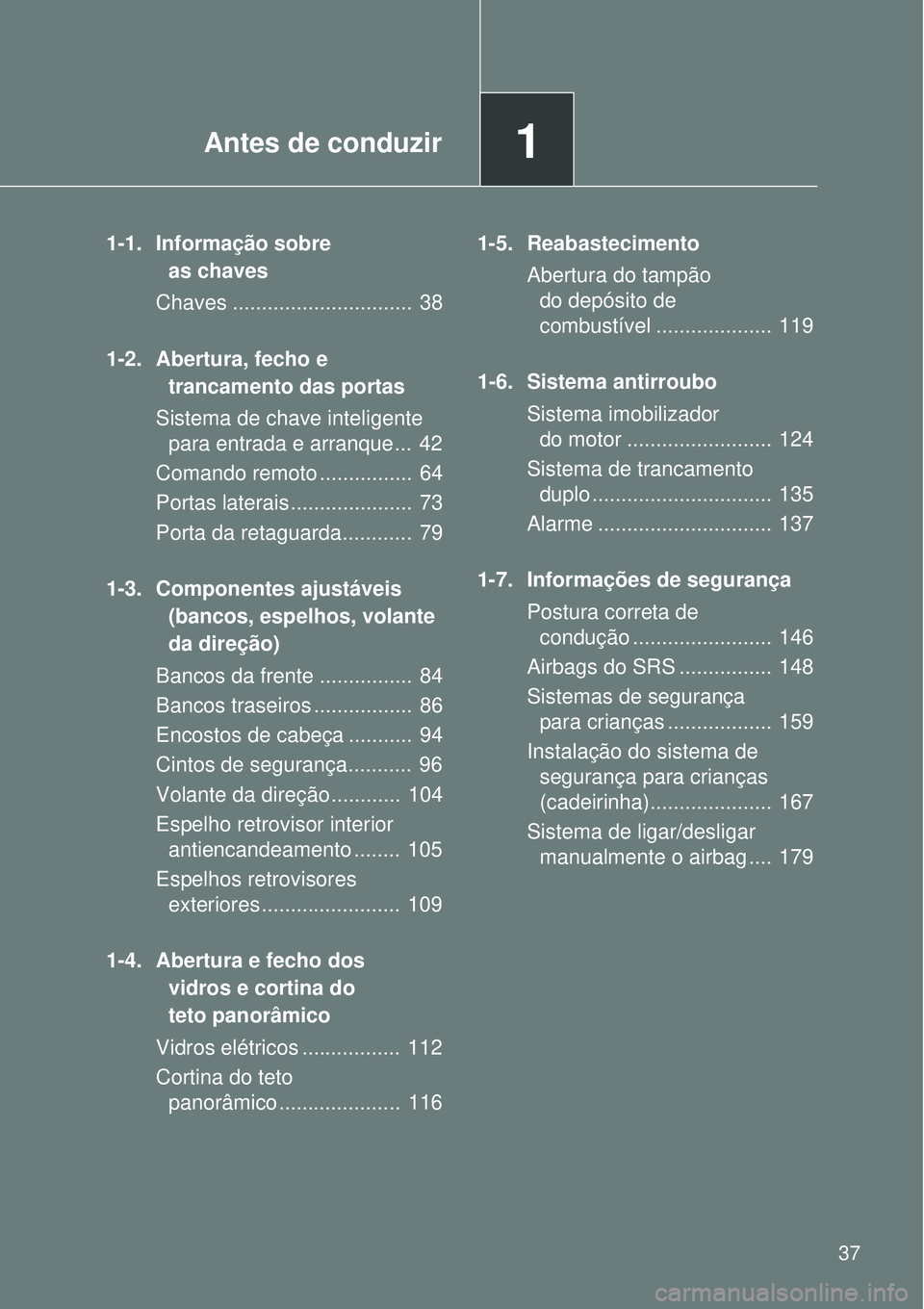 TOYOTA VERSO 2016 Manual de utilização (in Portuguese) 1Antes de conduzir
37
1-1. Informação sobre
as chaves
Chaves ............................... 38
1-2. Abertura, fecho e
trancamento das portas
Sistema de chave inteligente
para entrada e arranque TOYOTA VERSO 2016 Manual de utilização (in Portuguese) 1Antes de conduzir
37
1-1. Informação sobre
as chaves
Chaves ............................... 38
1-2. Abertura, fecho e
trancamento das portas
Sistema de chave inteligente
para entrada e arranque