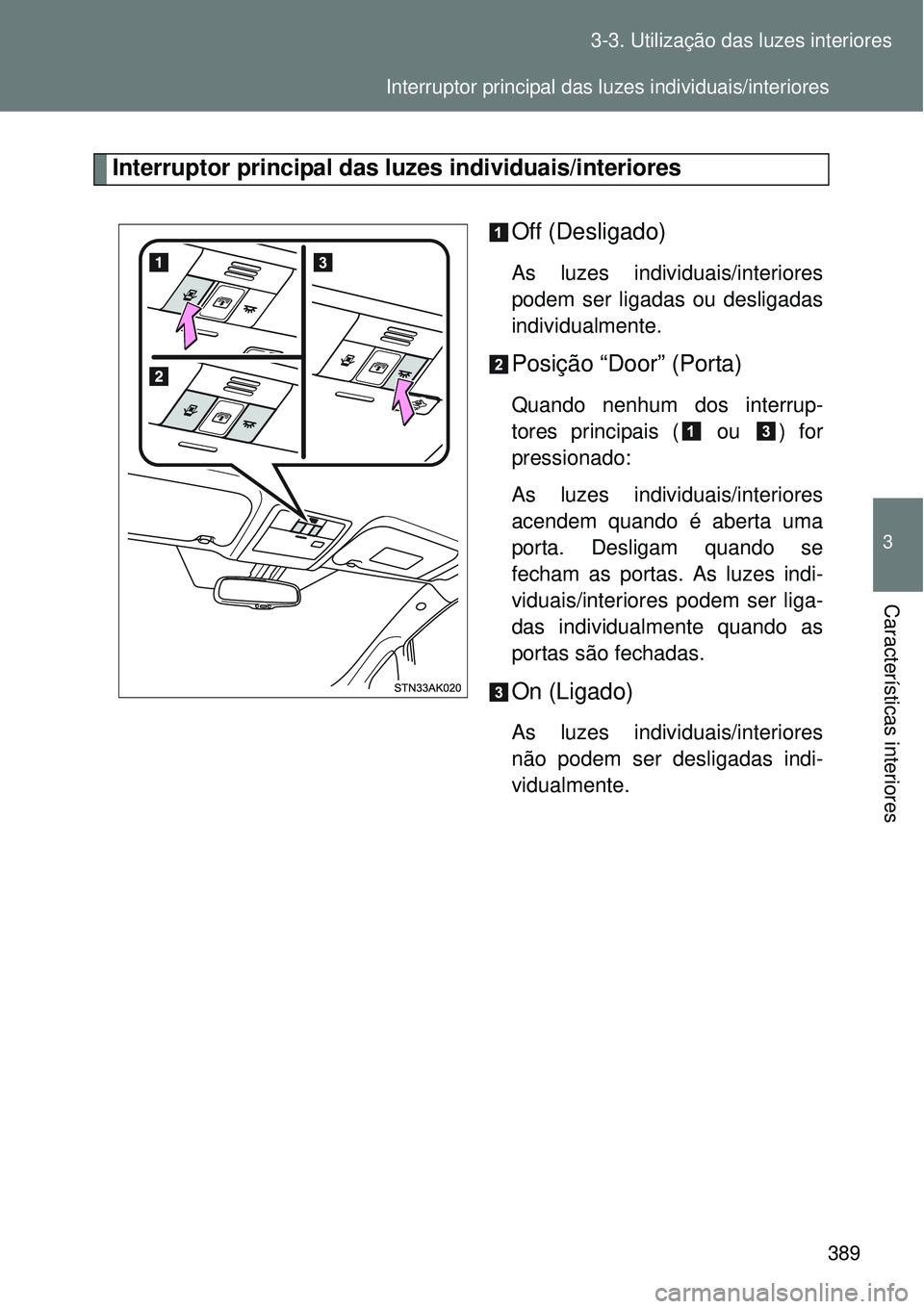 TOYOTA VERSO 2016  Manual de utilização (in Portuguese) 389 3-3. Utilização das luzes interiores
3
Características interiores
Interruptor principal das luzes individuais/interiores
Off (Desligado)
As luzes individuais/interiores
podem ser ligadas ou des