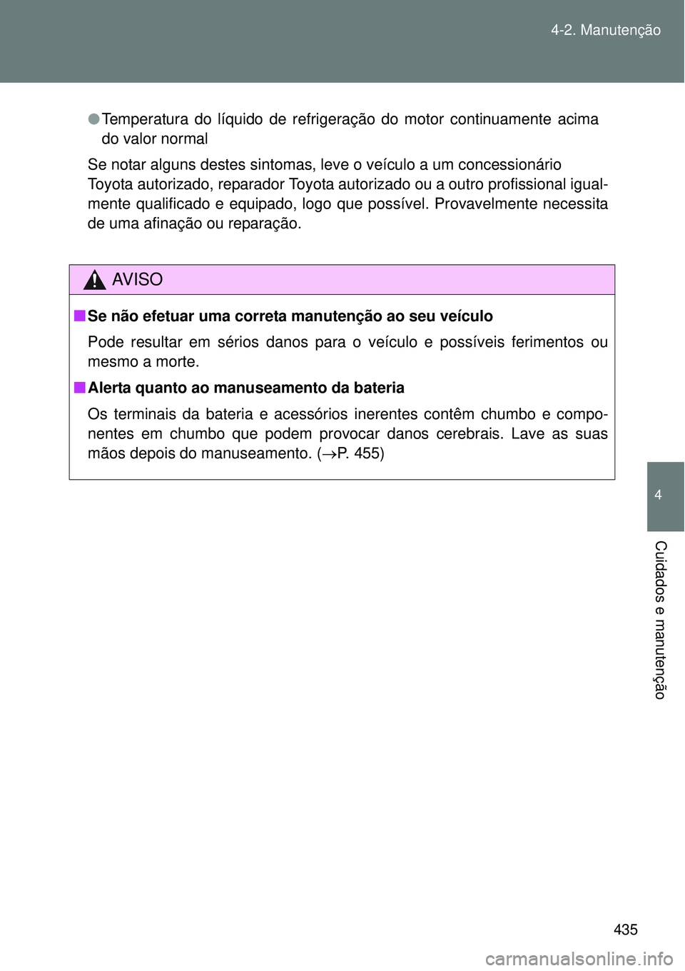 TOYOTA VERSO 2016  Manual de utilização (in Portuguese) 435 4-2. Manutenção
4
Cuidados e manutenção
lTemperatura do líquido de refrigeração do motor continuamente acima
do valor normal 
Se notar alguns destes sintomas, leve o veículo a um concessio