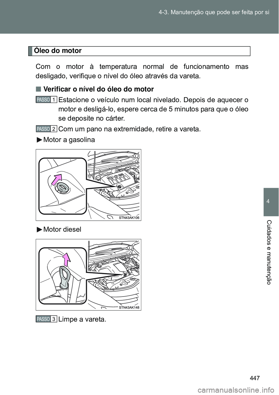 TOYOTA VERSO 2016  Manual de utilização (in Portuguese) 447 4-3. Manutenção que pode ser feita por si
4
Cuidados e manutenção
Óleo do motor
Com o motor à temperatura normal de funcionamento mas
desligado, verifique o nível do óleo através da varet