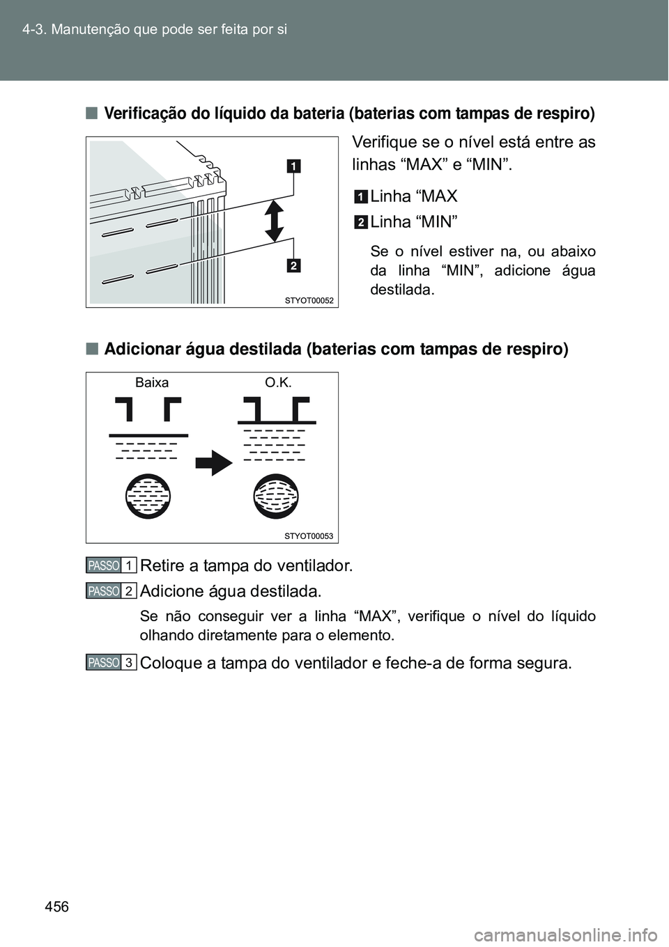 TOYOTA VERSO 2016  Manual de utilização (in Portuguese) 456 4-3. Manutenção que pode ser feita por si
nVerificação do líquido da bateria (baterias com tampas de respiro)
Verifique se o nível está entre as
linhas “MAX” e “MIN”.
Linha “MAX
L