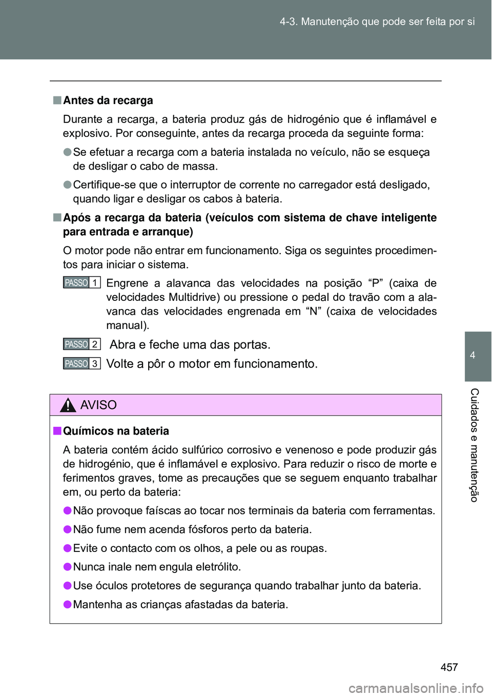 TOYOTA VERSO 2016  Manual de utilização (in Portuguese) 457 4-3. Manutenção que pode ser feita por si
4
Cuidados e manutenção
nAntes da recarga
Durante a recarga, a bateria produz gás de hidrogénio que é inflamável e
explosivo. Por conseguinte, ant