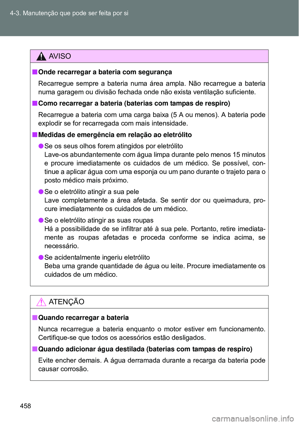 TOYOTA VERSO 2016  Manual de utilização (in Portuguese) 458 4-3. Manutenção que pode ser feita por si
AV I S O
nOnde recarregar a bateria com segurança
Recarregue sempre a bateria numa área ampla. Não recarregue a bateria
numa garagem ou divisão fech