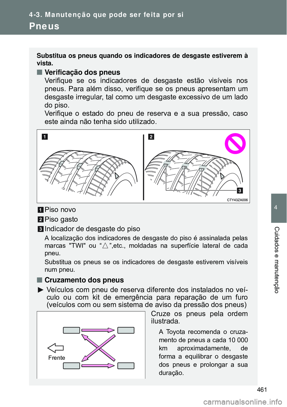 TOYOTA VERSO 2016  Manual de utilização (in Portuguese) 461
4-3. Manutenção que pode ser feita por si
4
Cuidados e manutenção
Pneus
Substitua os pneus quando os indicadores de desgaste estiverem à
vista.
nVerificação dos pneus
Verifique se os indica