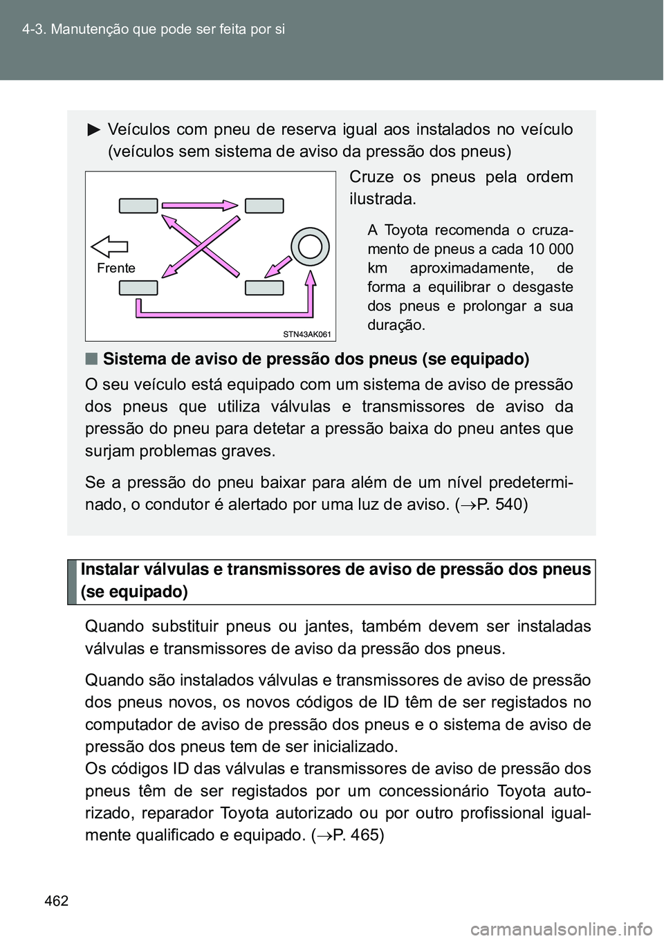 TOYOTA VERSO 2016  Manual de utilização (in Portuguese) 462 4-3. Manutenção que pode ser feita por si
Instalar válvulas e transmissores de aviso de pressão dos pneus
(se equipado) 
Quando substituir pneus ou jantes, também devem ser instaladas
válvul