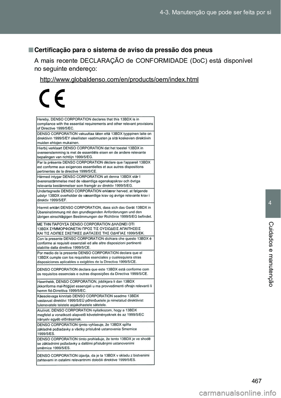 TOYOTA VERSO 2016  Manual de utilização (in Portuguese) 467 4-3. Manutenção que pode ser feita por si
4
Cuidados e manutenção
nCertificação para o sistema de aviso da pressão dos pneus
A mais recente DECLARAÇÃO de CONFORMIDADE (DoC) está disponí