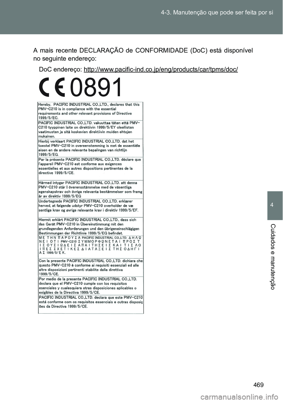 TOYOTA VERSO 2016  Manual de utilização (in Portuguese) 469 4-3. Manutenção que pode ser feita por si
4
Cuidados e manutenção
A mais recente DECLARAÇÃO de CONFORMIDADE (DoC) está disponível
no seguinte endereço:
DoC endereço: http://www.pacific-i