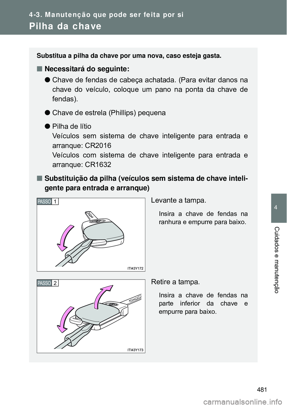 TOYOTA VERSO 2016  Manual de utilização (in Portuguese) 481
4-3. Manutenção que pode ser feita por si
4
Cuidados e manutenção
Pilha da chave
Substitua a pilha da chave por uma nova, caso esteja gasta.
nNecessitará do seguinte:
lChave de fendas de cabe