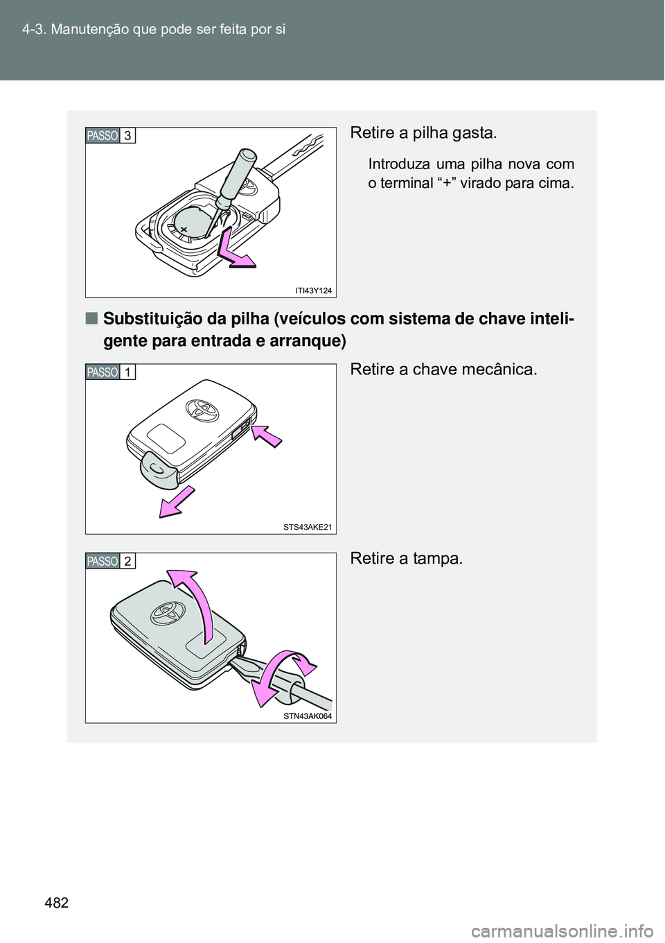 TOYOTA VERSO 2016  Manual de utilização (in Portuguese) 482 4-3. Manutenção que pode ser feita por si
Retire a pilha gasta.
Introduza uma pilha nova com
o terminal “+” virado para cima.
nSubstituição da pilha (veículos com sistema de chave inteli-