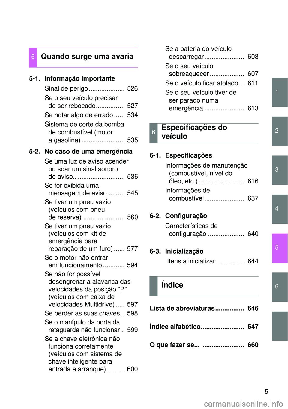 TOYOTA VERSO 2016 Manual de utilização (in Portuguese) 1
2
3
4
5
6
5
5-1. Informação importante
Sinal de perigo .................... 526
Se o seu veículo precisar
de ser rebocado................ 527
Se notar algo de errado ...... 534
Sistema de cor TOYOTA VERSO 2016 Manual de utilização (in Portuguese) 1
2
3
4
5
6
5
5-1. Informação importante
Sinal de perigo .................... 526
Se o seu veículo precisar
de ser rebocado................ 527
Se notar algo de errado ...... 534
Sistema de cor