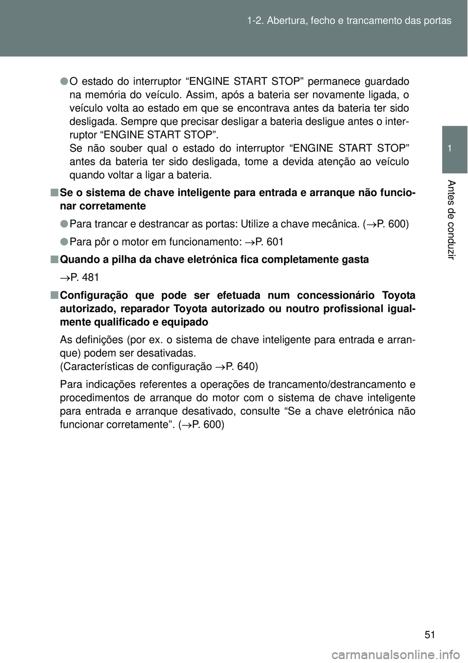 TOYOTA VERSO 2016 Manual de utilização (in Portuguese) 51 1-2. Abertura, fecho e trancamento das portas
1
Antes de conduzir
lO estado do interruptor “ENGINE START STOP” permanece guardado
na memória do veículo. Assim, após a bateria ser novamente l TOYOTA VERSO 2016 Manual de utilização (in Portuguese) 51 1-2. Abertura, fecho e trancamento das portas
1
Antes de conduzir
lO estado do interruptor “ENGINE START STOP” permanece guardado
na memória do veículo. Assim, após a bateria ser novamente l