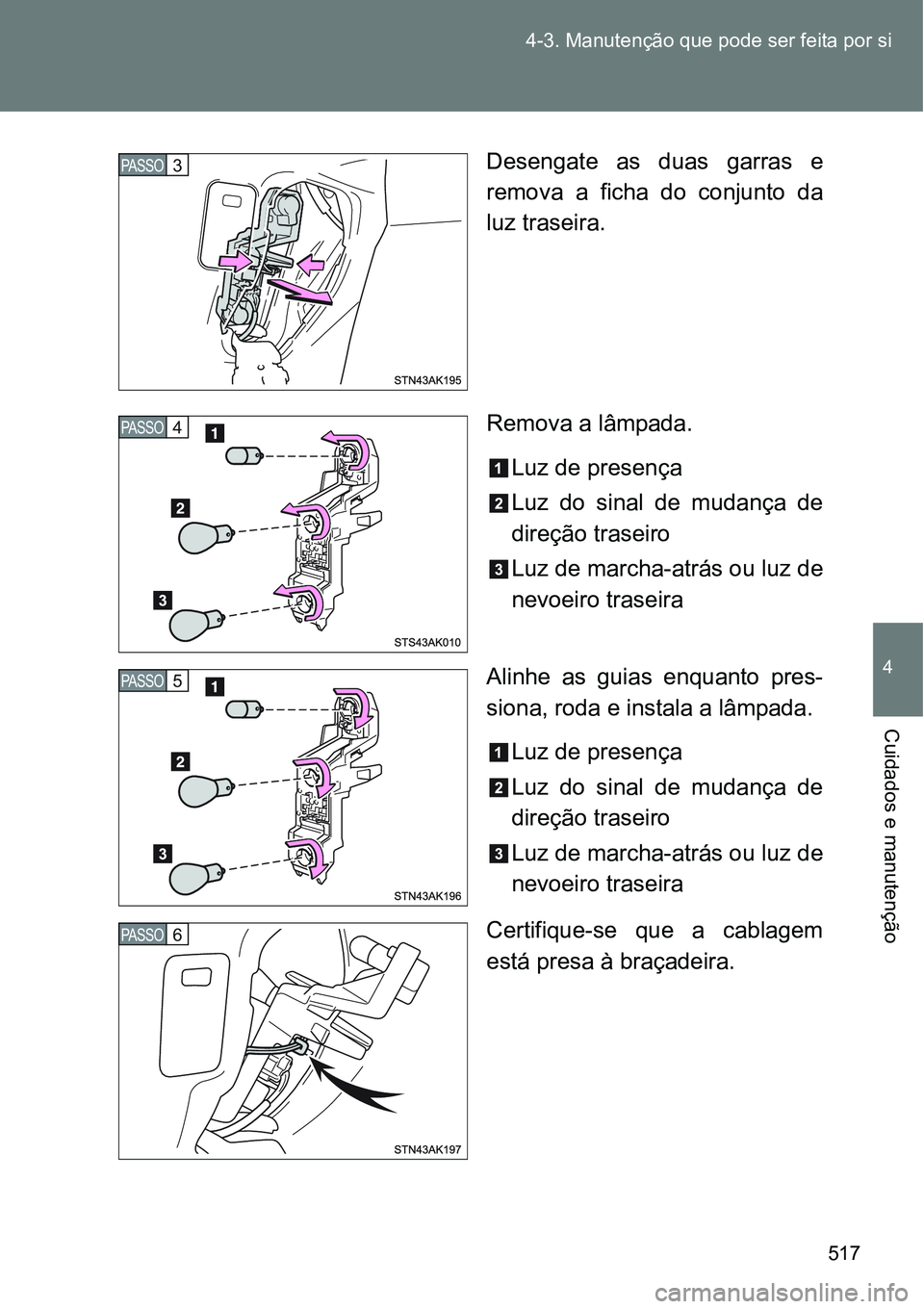 TOYOTA VERSO 2016  Manual de utilização (in Portuguese) 517 4-3. Manutenção que pode ser feita por si
4
Cuidados e manutenção
Desengate as duas garras e
remova a ficha do conjunto da
luz traseira.
Remova a lâmpada. 
Luz de presença
Luz do sinal de mu