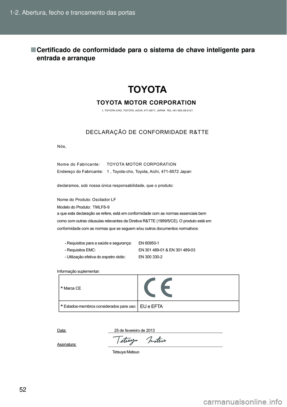 TOYOTA VERSO 2016 Manual de utilização (in Portuguese) 52 1-2. Abertura, fecho e trancamento das portas
nCertificado de conformidade para o sistema de chave inteligente para
entrada e arranque
TOYOTA
TOYOTA MOTOR CORPORATION1, TOYOTA-CHO, TOYOTA, AICHI, 4 TOYOTA VERSO 2016 Manual de utilização (in Portuguese) 52 1-2. Abertura, fecho e trancamento das portas
nCertificado de conformidade para o sistema de chave inteligente para
entrada e arranque
TOYOTA
TOYOTA MOTOR CORPORATION1, TOYOTA-CHO, TOYOTA, AICHI, 4