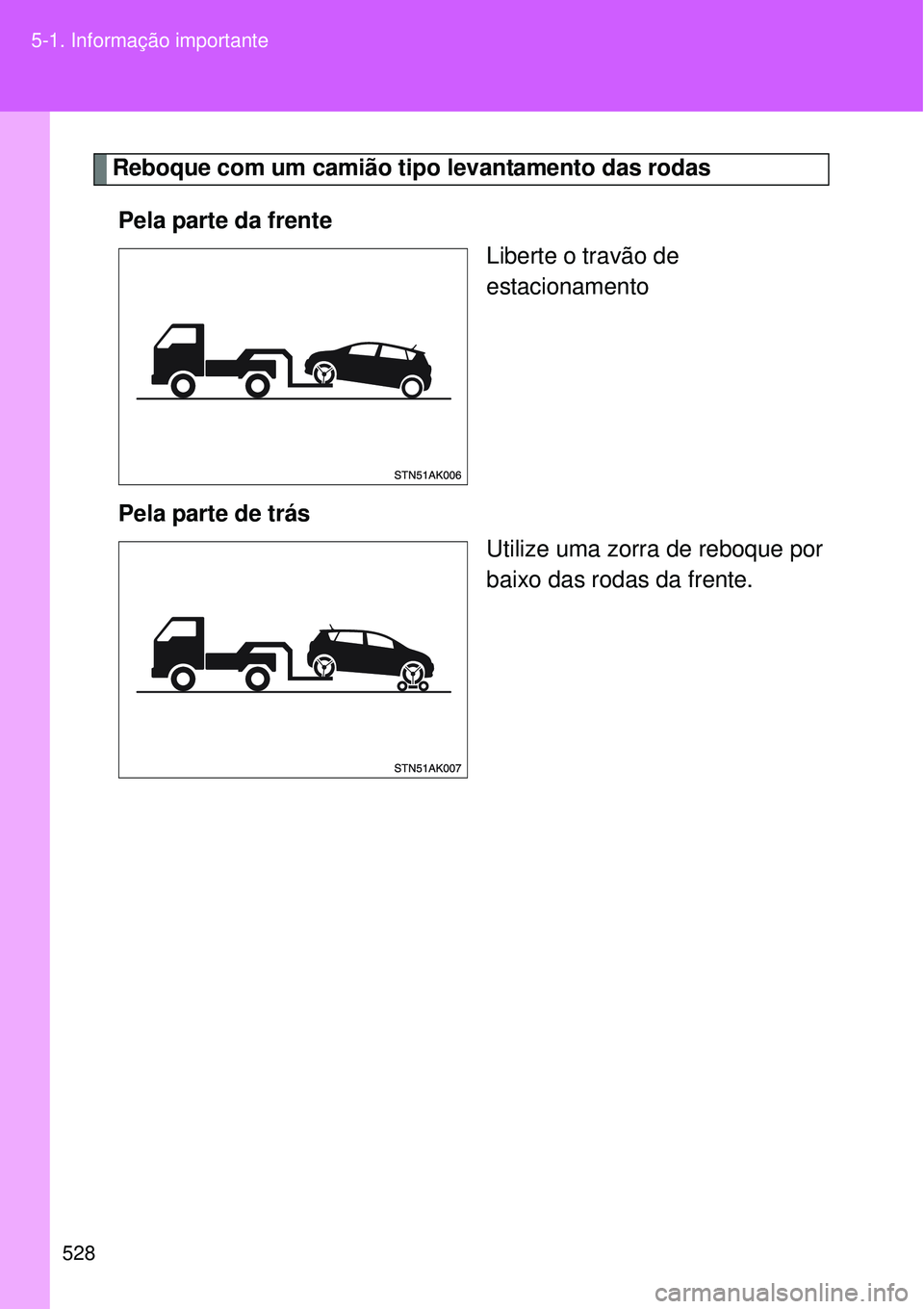 TOYOTA VERSO 2016  Manual de utilização (in Portuguese) 528 5-1. Informação importante
Reboque com um camião tipo levantamento das rodas
Pela parte da frente
Liberte o travão de 
estacionamento
Pela parte de trás 
Utilize uma zorra de reboque por
baix