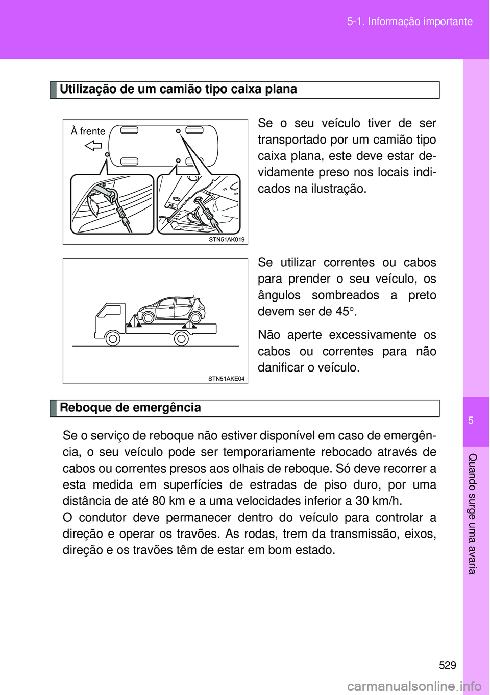 TOYOTA VERSO 2016  Manual de utilização (in Portuguese) 5
529 5-1. Informação importante
Quando surge uma avaria
Utilização de um camião tipo caixa plana
Se o seu veículo tiver de ser
transportado por um camião tipo
caixa plana, este deve estar de-
