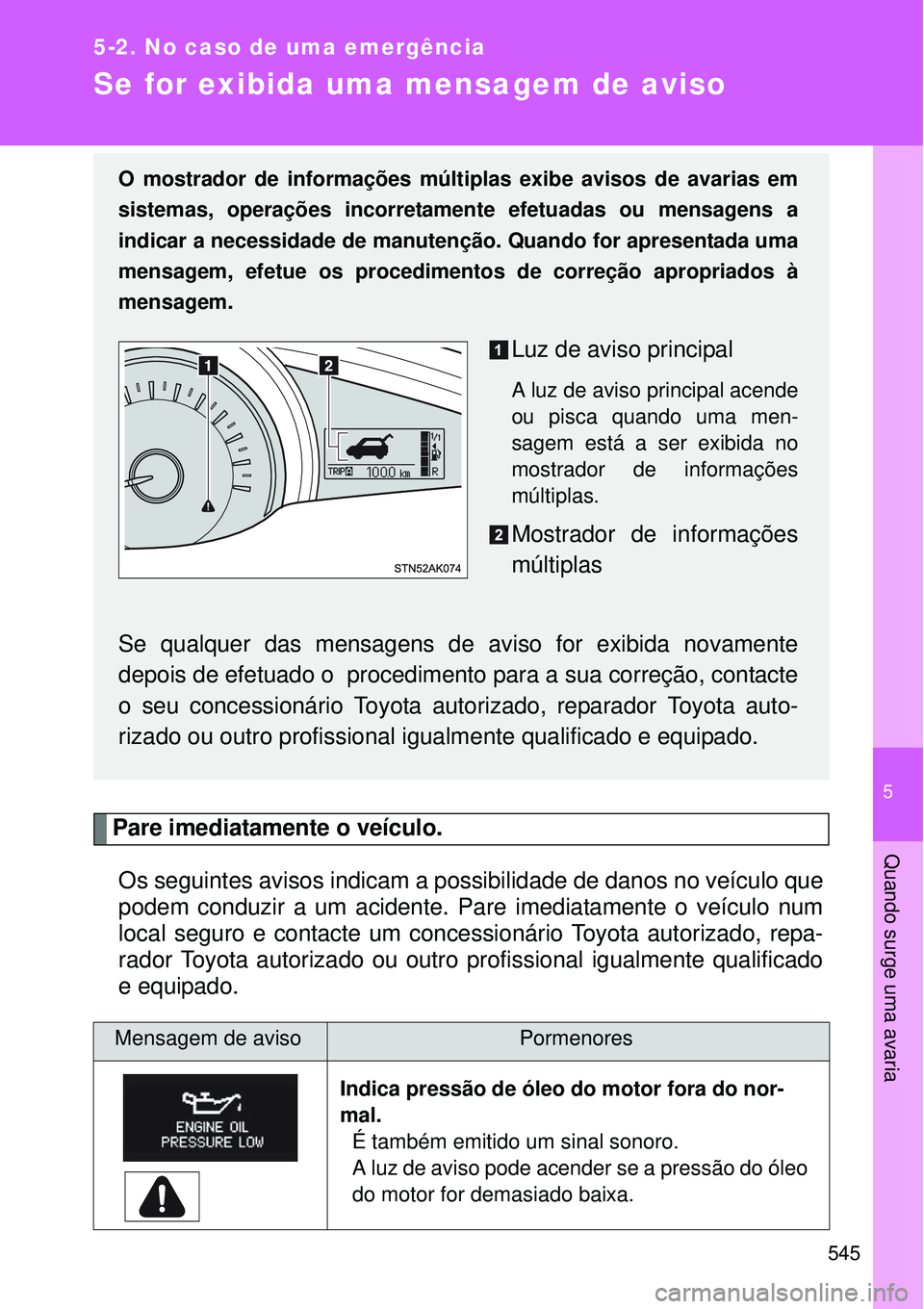 TOYOTA VERSO 2016  Manual de utilização (in Portuguese) 5
545
5-2. No caso de uma emergência
Quando surge uma avaria
Se for exibida uma mensagem de aviso
Pare imediatamente o veículo. 
Os seguintes avisos indicam a possibilidade de danos no veículo que
