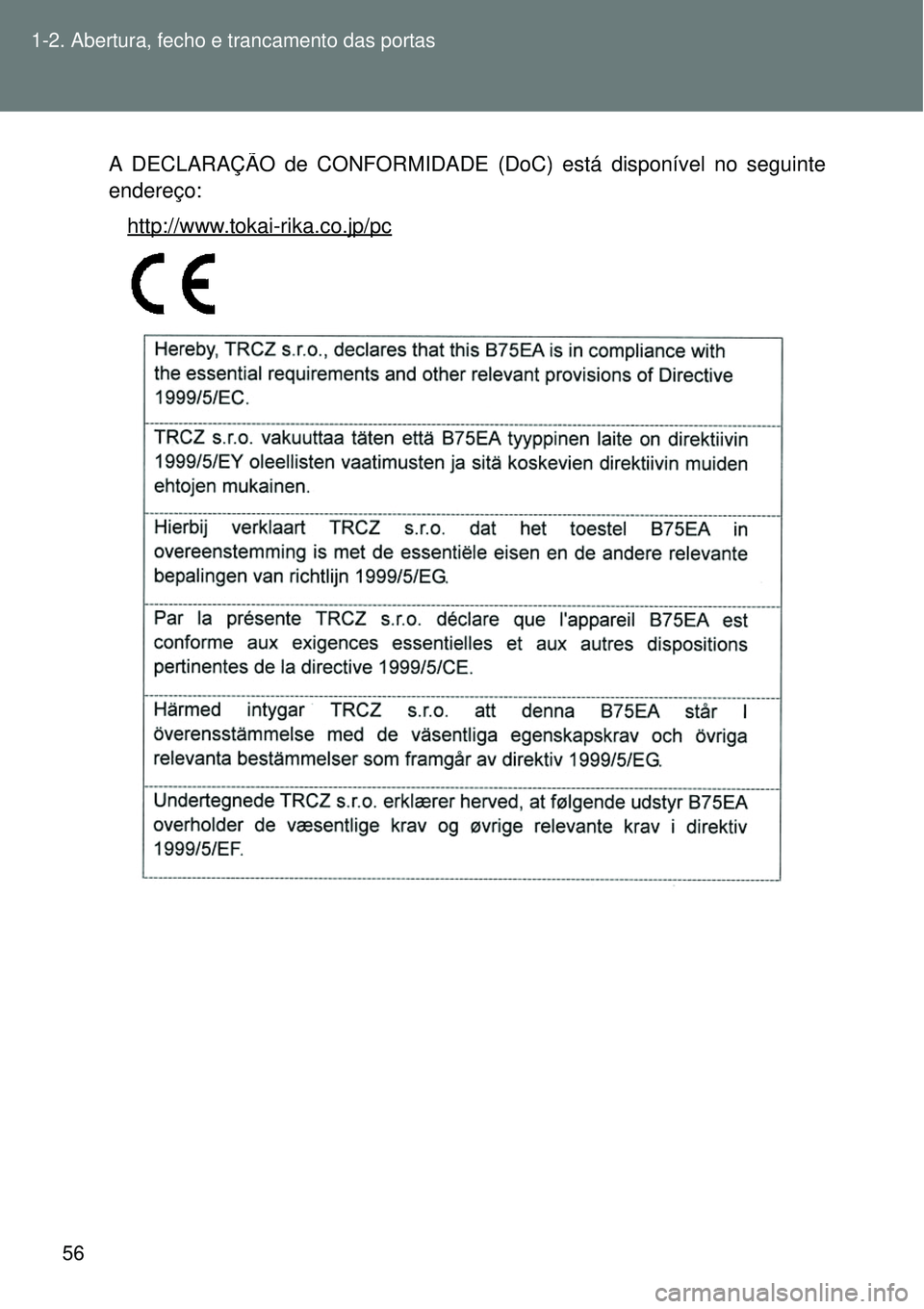 TOYOTA VERSO 2016  Manual de utilização (in Portuguese) 56 1-2. Abertura, fecho e trancamento das portas
A DECLARAÇÃO de CONFORMIDADE (DoC) está disponível no seguinte
endereço:
http://www.tokai-rika.co.jp/pc 