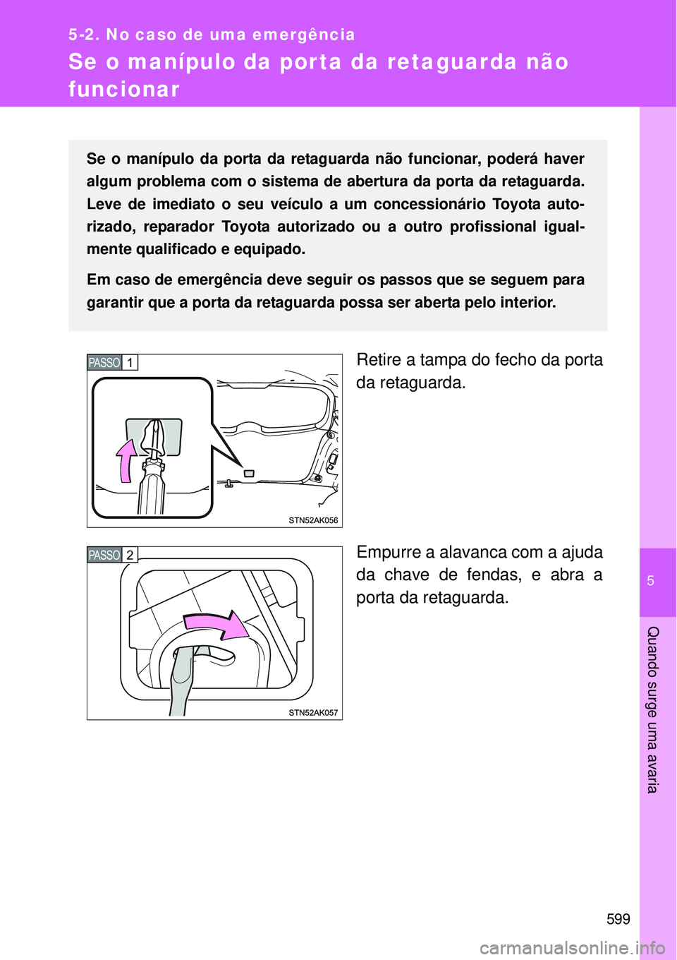 TOYOTA VERSO 2016  Manual de utilização (in Portuguese) 5
599
5-2. No caso de uma emergência
Quando surge uma avaria
Se o manípulo da porta da retaguarda não 
funcionar
Retire a tampa do fecho da porta
da retaguarda. 
Empurre a alavanca com a ajuda
da c