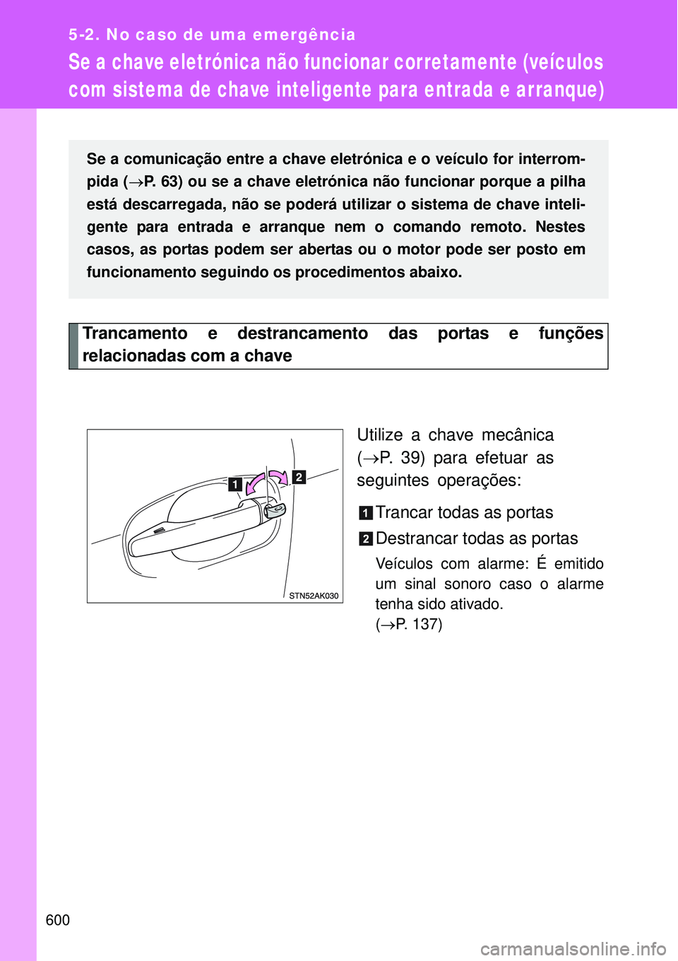 TOYOTA VERSO 2016 Manual de utilização (in Portuguese) 600
5-2. No caso de uma emergência
Se a chave eletrónica não funcionar corretamente (veículos
com sistema de chave inteligente para entrada e arranque)
Trancamento e destrancamento das portas e f TOYOTA VERSO 2016 Manual de utilização (in Portuguese) 600
5-2. No caso de uma emergência
Se a chave eletrónica não funcionar corretamente (veículos
com sistema de chave inteligente para entrada e arranque)
Trancamento e destrancamento das portas e f